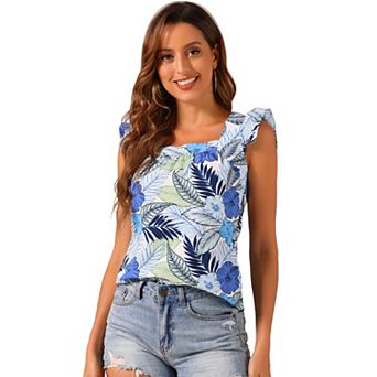 Women's Tropical Printed Square Neck Ruffle Tank Top