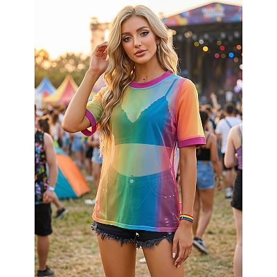 Women's Sheer Mesh Top Contrast Round Neck Short Sleeve Casual See Through T -Shirt