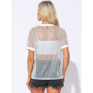 Women's Sheer Mesh Top Contrast Round Neck Short Sleeve Casual See Through T-Shirt