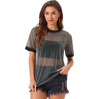 Women's Sheer Mesh Top Contrast Round Neck Short Sleeve Casual See Through T-Shirt