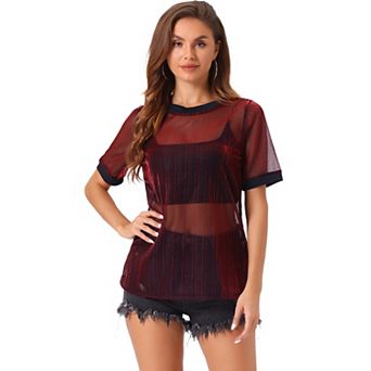 Women's Sheer Mesh Top Contrast Round Neck Short Sleeve Casual See Through T-shirt