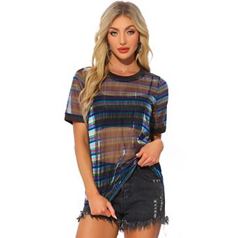 Women's Sheer Mesh Top Contrast Round Neck Short Sleeve Casual See Through T-shirt