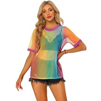 Women's Sheer Mesh Top Contrast Round Neck Short Sleeve Casual See Through T-shirt
