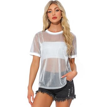 Women's Sheer Mesh Top Contrast Round Neck Short Sleeve Casual See Through T-shirt