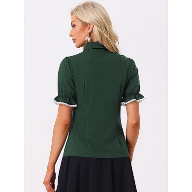 Women's Peter Pan Collar Blouse Contrast Trim Short Sleeve Button Down Shirt
