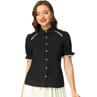 Women's Peter Pan Collar Blouse Contrast Trim Short Sleeve Button Down Shirt