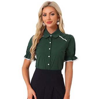Women's Peter Pan Collar Blouse Contrast Trim Short Sleeve Button Down Shirt