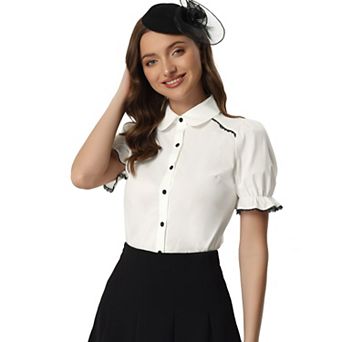 Women's Peter Pan Collar Blouse Contrast Trim Short Sleeve Button Down Shirt