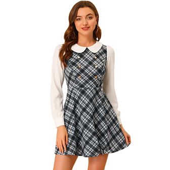 Women's Plaid Peter Pan Collar Long Sleeve Mini A-Line Dress