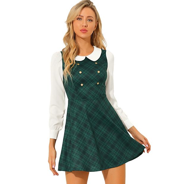 Peter Pan Collar Contrast Color Button Decor Plaid Dress, Brown / XS