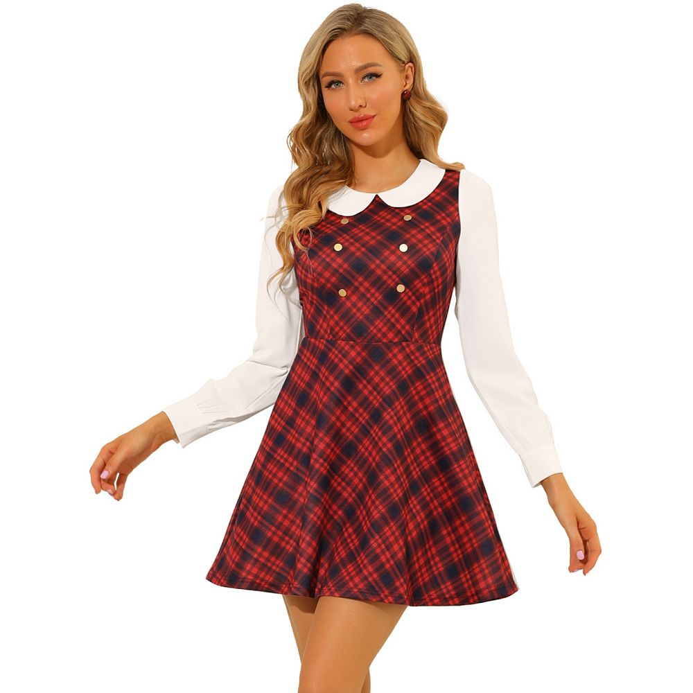 tommy hilfiger women's peter pan collar a line dress Allegra K Contrast Color Button Decor Plaid Dress, Red / M Fashion