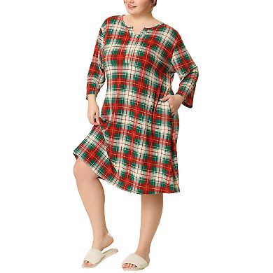 Plus Size Nightgown for Women Plaid V Neck Loungewear