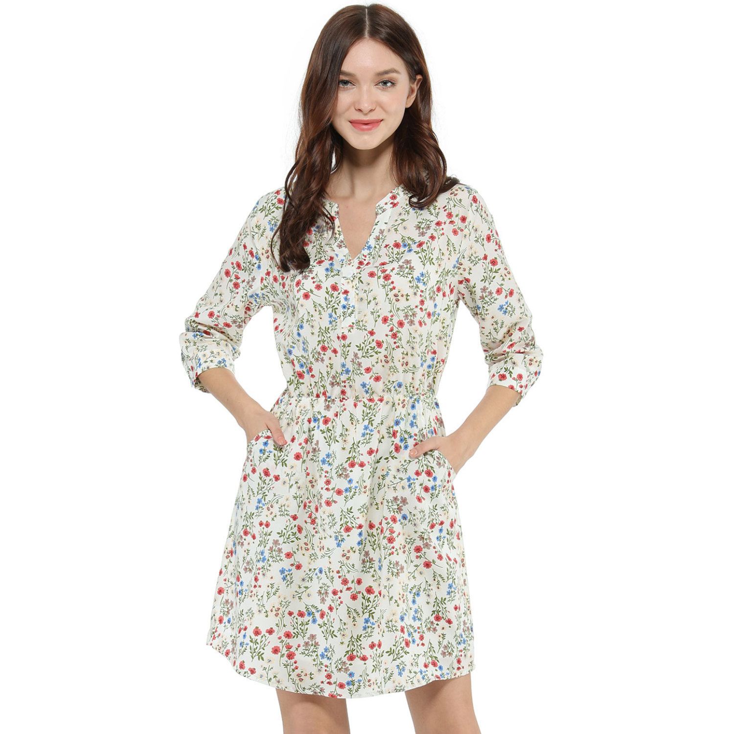 Women's V-Neck Button Down Floral Midi Dress – Short Sleeve With Lace Trim & Side Pockets - View #6