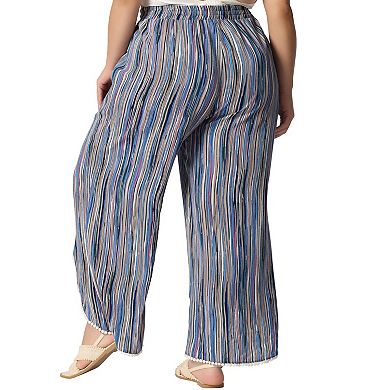 Women's Plus Size Pant Boho Split Elastic Waist Casual Flowy Striped Wide Leg Pants