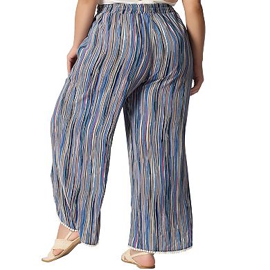 Plus Size Pant for Women Split Elastic Waist Flowy Striped Wide Leg Pants