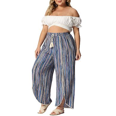 Women's Plus Size Pant Boho Split Elastic Waist Casual Flowy Striped Wide Leg Pants