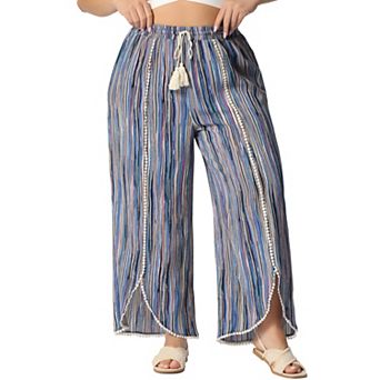 Women's Plus Size Pant Boho Split Elastic Waist Casual Flowy Striped Wide Leg Pants