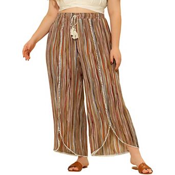 Women's Plus Size Pant Boho Split Elastic Waist Casual Flowy Striped Wide Leg Pants