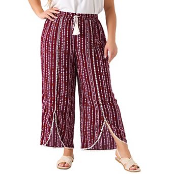Women's Plus Size Pant Boho Split Elastic Waist Casual Flowy Striped Wide Leg Pants
