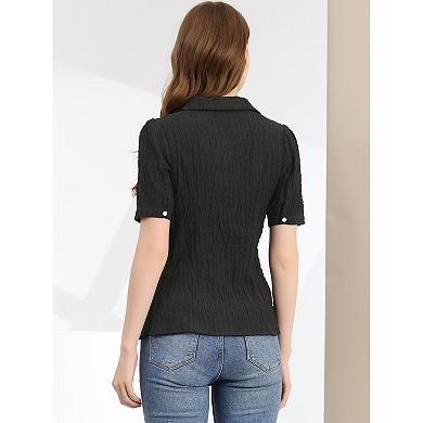 Women's Camp Collar Button Front Textured Short Bubble Sleeve Shirt