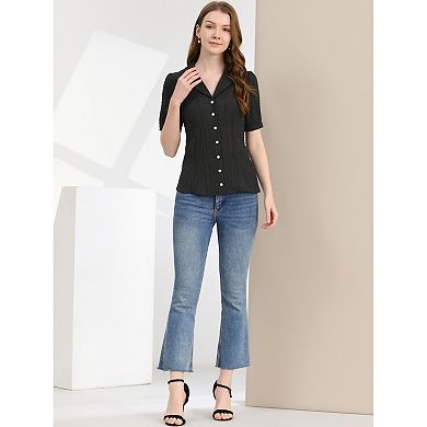Women's Camp Collar Button Front Textured Short Bubble Sleeve Shirt