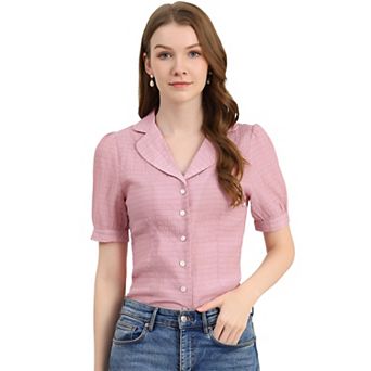 Women's Camp Collar Button Front Textured Short Bubble Sleeve Shirt
