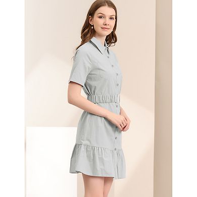 Women's Belted Button Down Cotton Ruffled Safari Shirt Dress