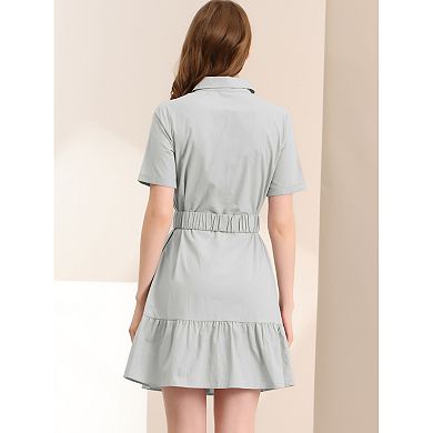 Women's Belted Button Down Cotton Ruffled Safari Shirt Dress