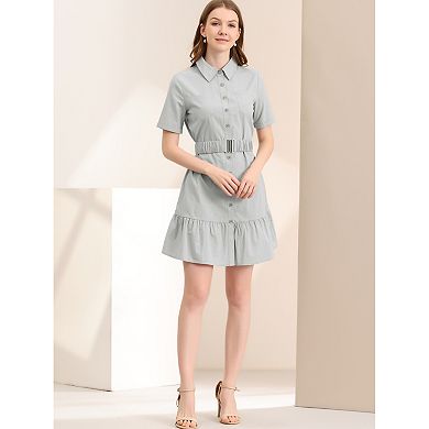 Women's Belted Button Down Cotton Ruffled Safari Shirt Dress