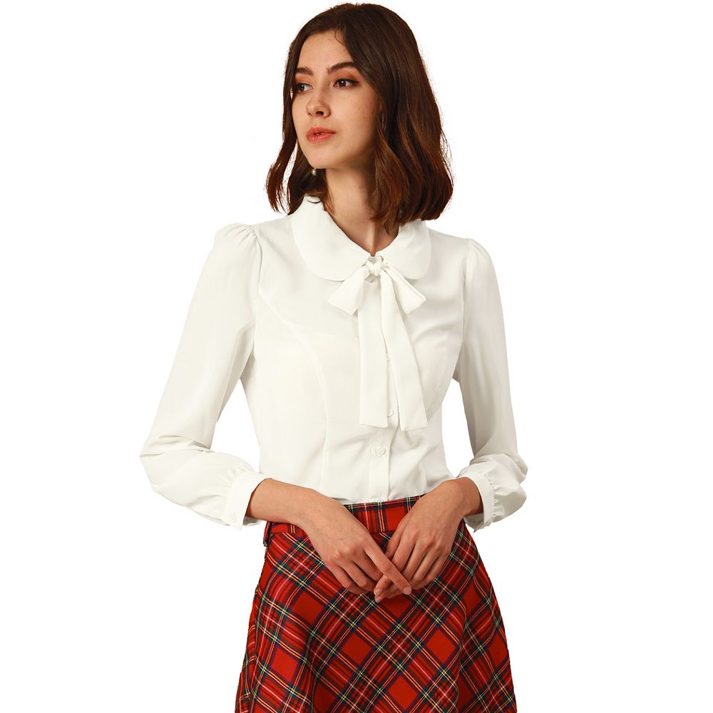 Women's Button Down Shirt Peter Pan Collar Tie Neck Workwear