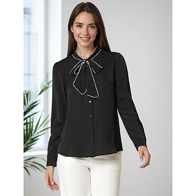 Women's Tie Neck Button Down Work Long Sleeves Blouse Shirts