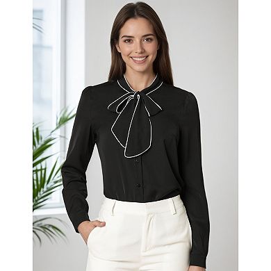 Women's Tie Neck Button Down Work Long Sleeves Blouse Shirts