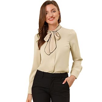 Women's Tie Neck Button Down Work Long Sleeves Blouse Shirts