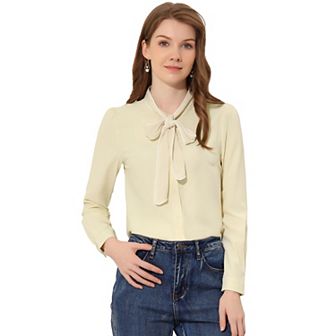 Women's Tie Neck Button Down Work Long Sleeves Blouse Shirts
