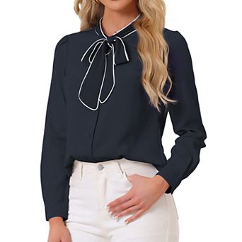 Women's Tie Neck Button Down Work Long Sleeves Blouse Shirts