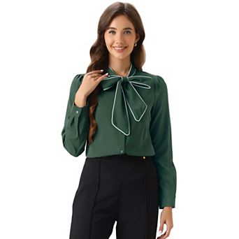 Women's Tie Neck Button Down Work Long Sleeves Blouse Shirts
