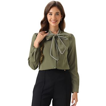 Women's Tie Neck Button Down Work Long Sleeves Blouse Shirts