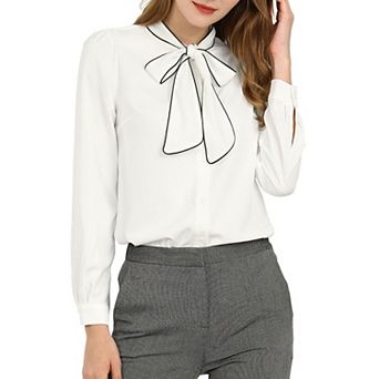 Women's Tie Neck Button Down Work Long Sleeves Blouse Shirts