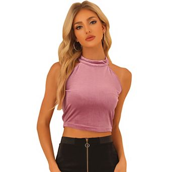 Women's Halter Neck Sleeveless Zipper Back Velvet Party Crop Tank Top