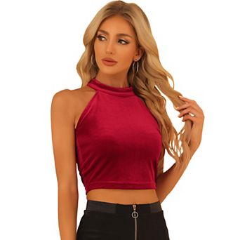 Women's Halter Neck Sleeveless Zipper Back Velvet Party Crop Tank Top