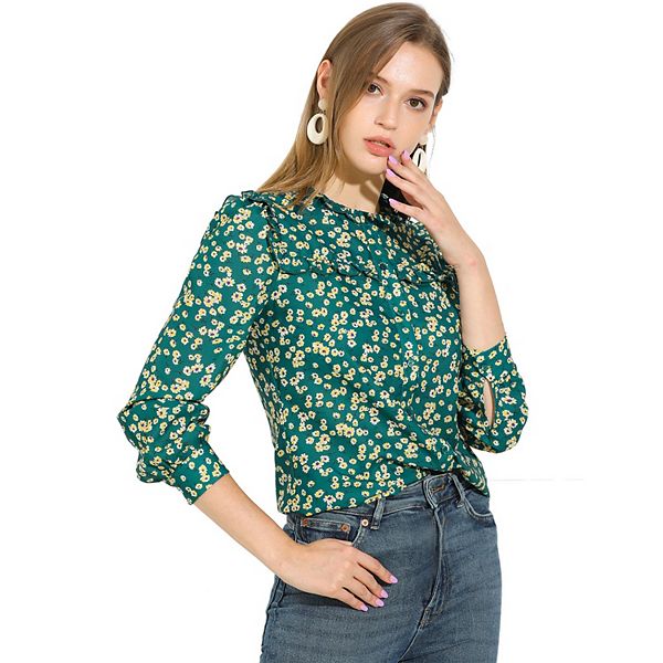 Women's Ruffled Floral Daisy Relax Fashionable Long Round Neck Shirt