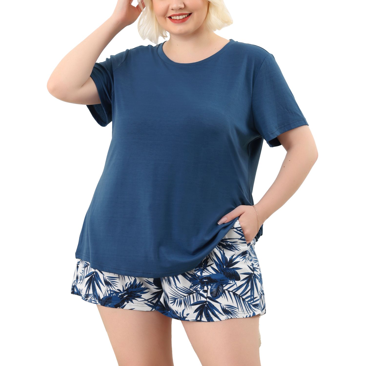 Women's Plus Size Pajamas Set Round Neck Short Sleeve Drawstring Capri ...