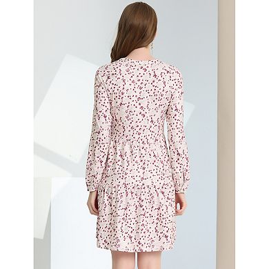 Women's V Neck Long Sleeves Cinched Waist Half Placket Floral Dress