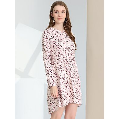 Women's V Neck Long Sleeves Cinched Waist Half Placket Floral Dress