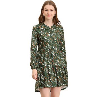 Women's V Neck Long Sleeves Cinched Waist Half Placket Floral Dress
