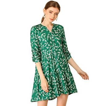Women's V Neck Long Sleeves Cinched Waist Half Placket Floral Dress