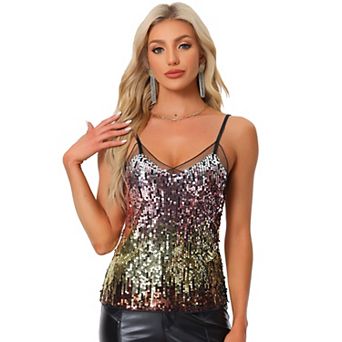 Women's Sequin Mesh Panel Sleeveless Clue Cami Top