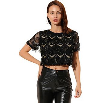 Women's Metallic Pattern Short Sleeves Party Crop T-shirt