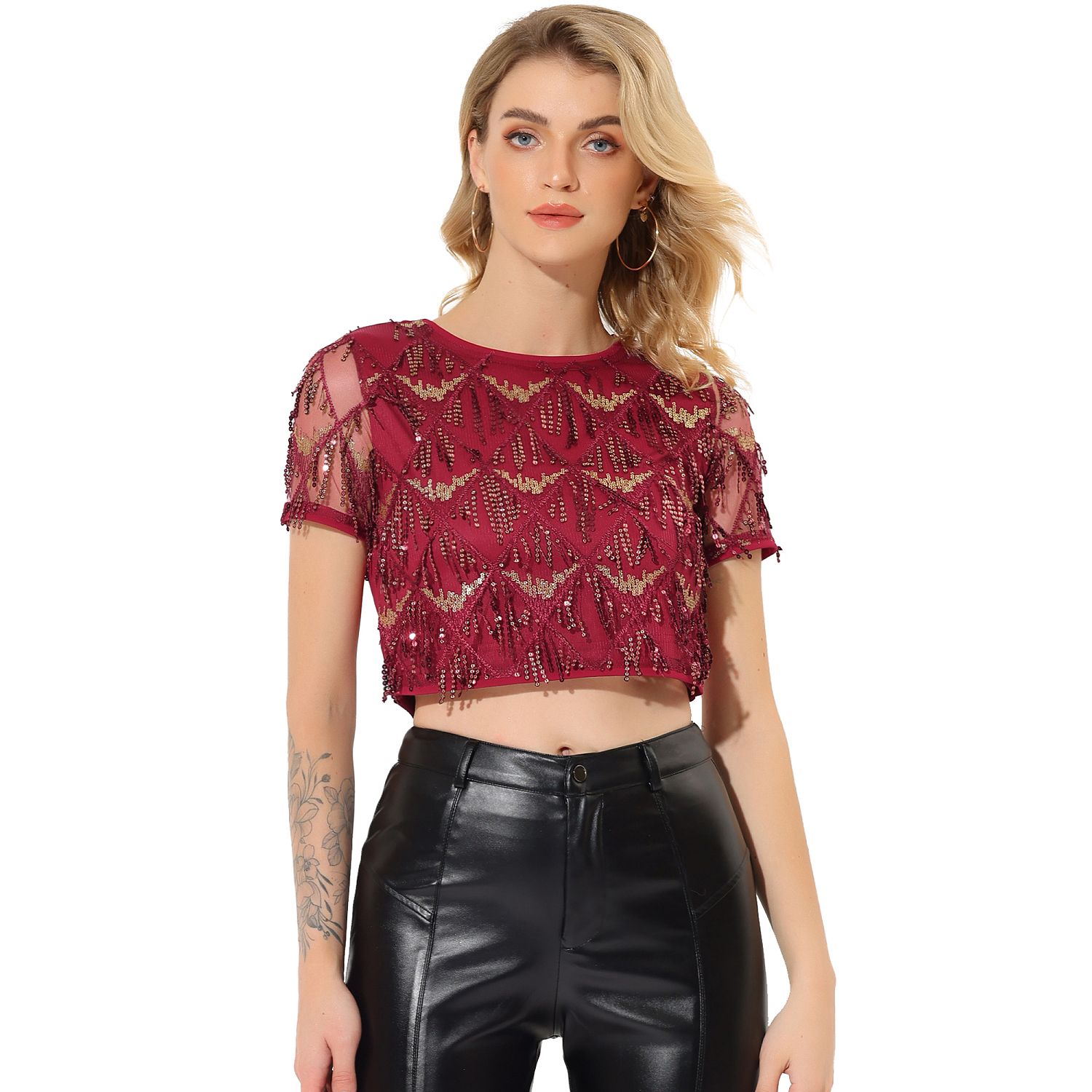 Women's Metallic Pattern Short Sleeves Crop Top T-shirt
