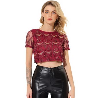 Women's Metallic Pattern Short Sleeves Party Crop T-shirt